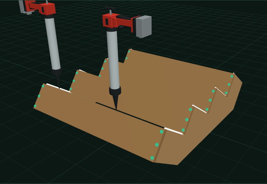 Simulation of two glue guns laying glue on the staircase